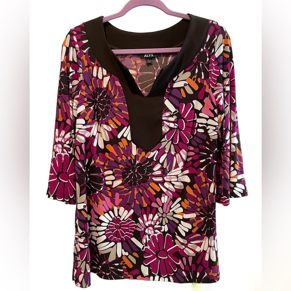 Alyx V-Neck 3/4 Sleeve Tunic Top Blouse Floral Pink Purple Brown Size Large